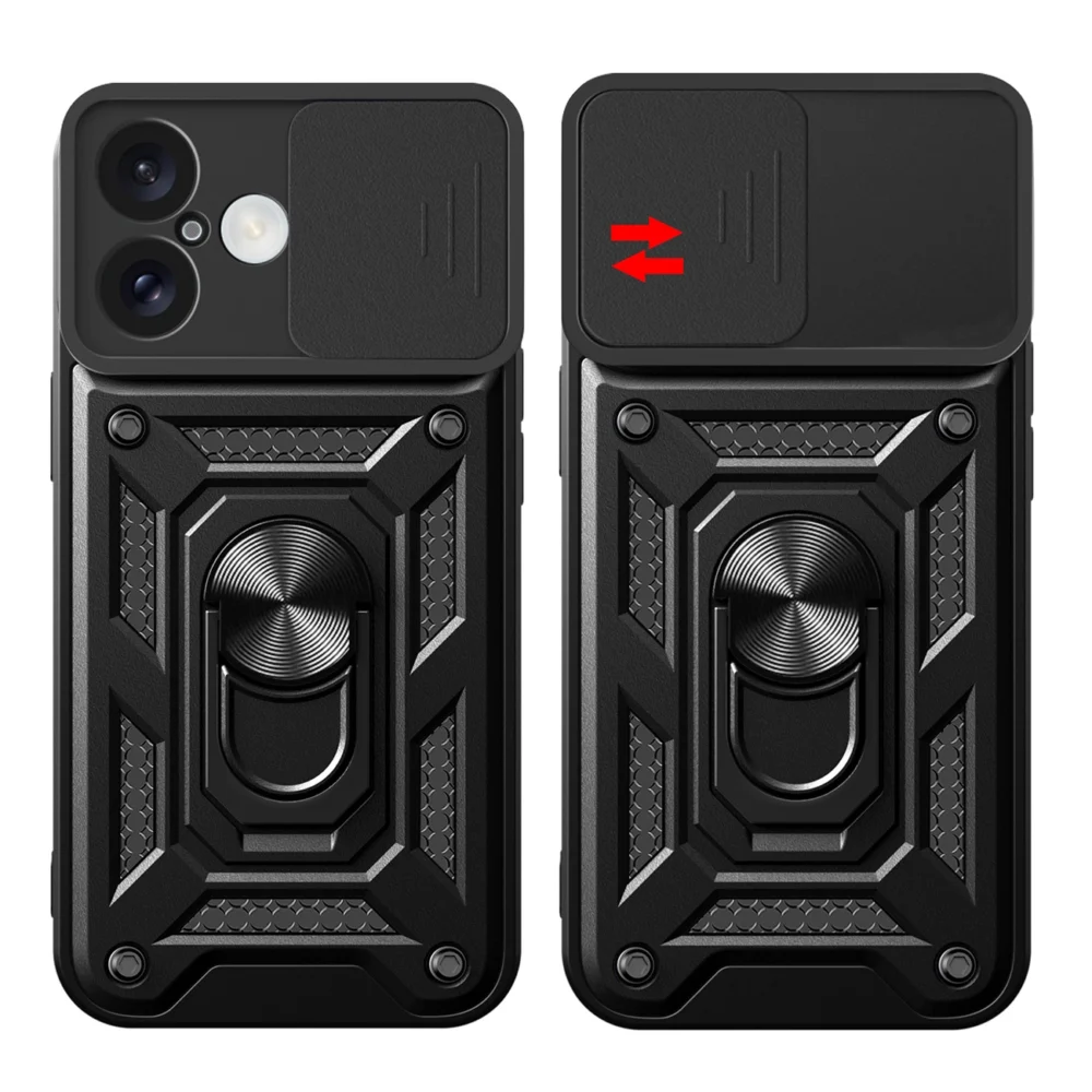 Hybrid Armor Camshield iPhone 16 Armored Case with Camera Cover and Stand - Blackeng
