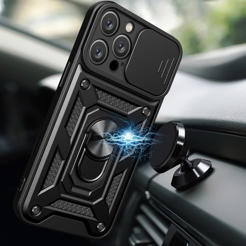 Hybrid Armor Camshield iPhone 16 Pro Case with Camera Cover and Stand - Blackeng