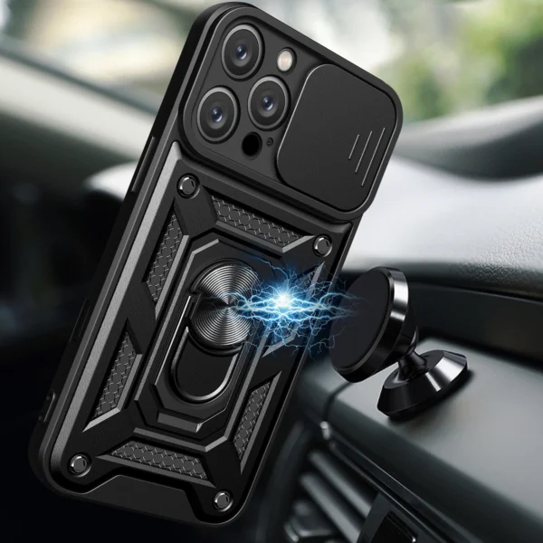 Hybrid Armor Camshield iPhone 16 Pro Case with Camera Cover and Stand - Blackeng