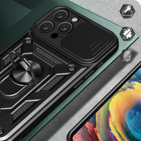 Hybrid Armor Camshield iPhone 16 Pro Case with Camera Cover and Stand - Blackeng
