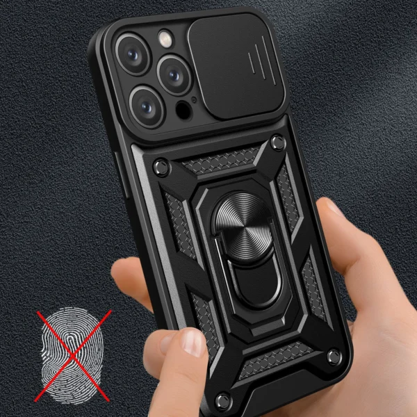 Hybrid Armor Camshield iPhone 16 Pro Case with Camera Cover and Stand - Blackeng