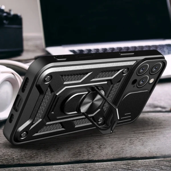 Hybrid Armor Camshield iPhone 16 Pro Case with Camera Cover and Stand - Blackeng