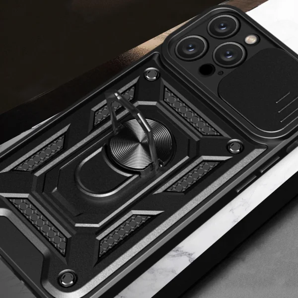 Hybrid Armor Camshield iPhone 16 Pro Case with Camera Cover and Stand - Blackeng