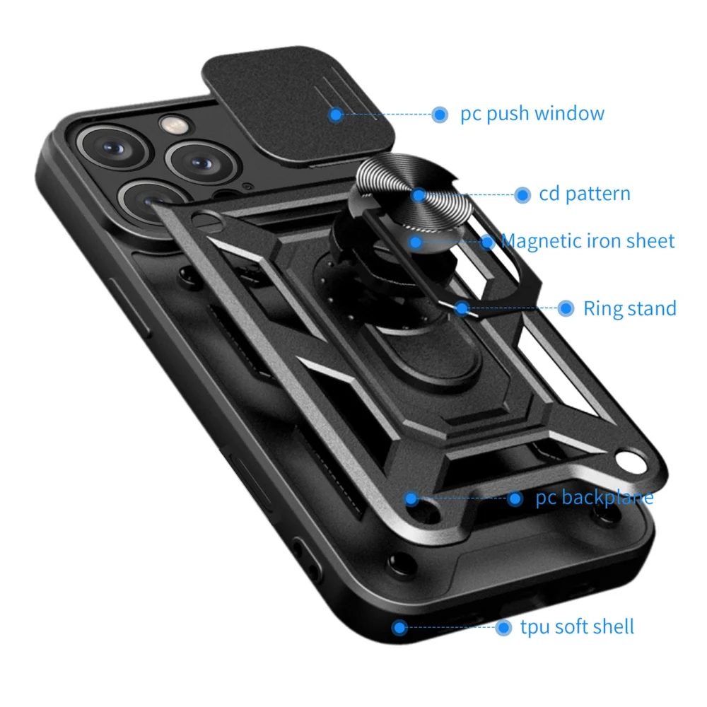 Hybrid Armor Camshield iPhone 16 Pro Case with Camera Cover and Stand - Blackeng