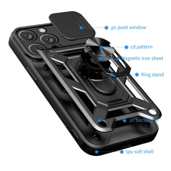 Hybrid Armor Camshield iPhone 16 Pro Case with Camera Cover and Stand - Blackeng