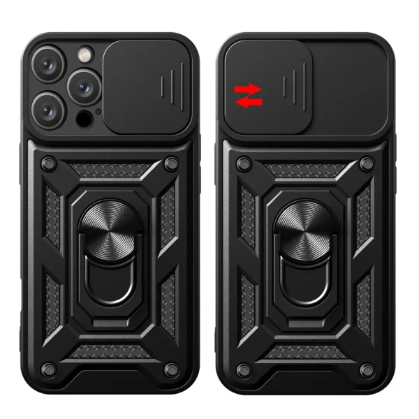 Hybrid Armor Camshield iPhone 16 Pro Case with Camera Cover and Stand - Blackeng