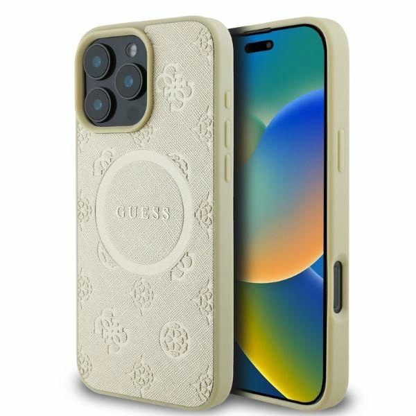 Guess Saffiano Peony Classic Logo MagSafe case for iPhone 16 Pro - goldeng