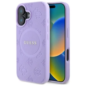 Guess Saffiano Peony Classic Logo MagSafe iPhone 16 Case - Purpleeng