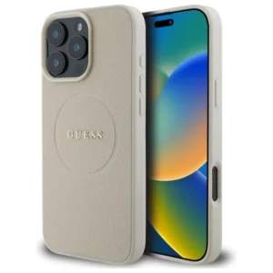 Guess Grained Gold Ring MagSafe Case for iPhone 16 Pro Max - Beigeeng