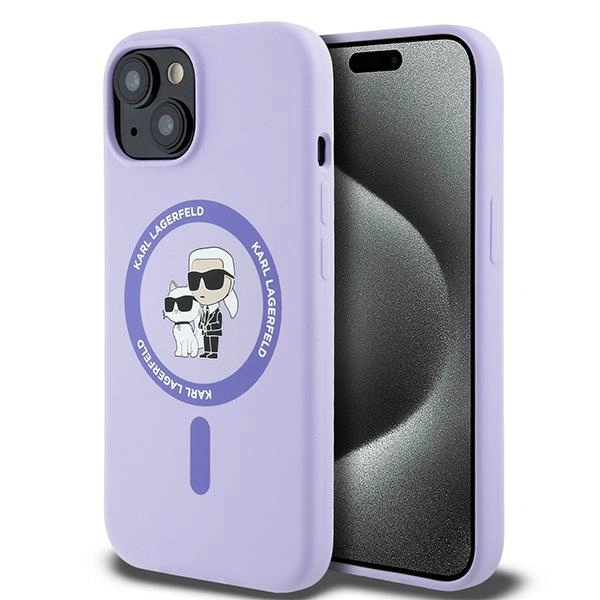 Karl Lagerfeld Silicone Karl&Choupette Heads Ring MagSafe iPhone 15 Case - Purpleeng
