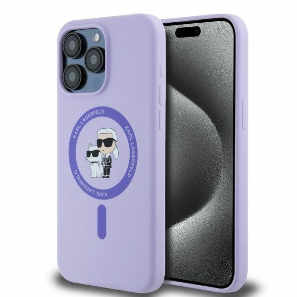 Karl Lagerfeld Silicone Karl&Choupette Heads Ring MagSafe Case for iPhone 15 Pro Max - Purpleeng