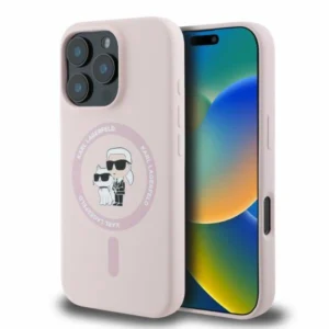 Karl Lagerfeld Silicone Karl&Choupette Heads Ring MagSafe Case for iPhone 16 Pro - Pinkeng