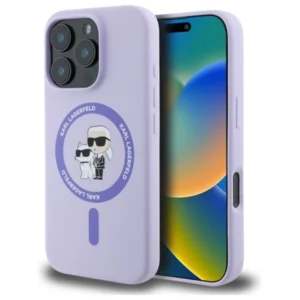 Karl Lagerfeld Silicone Karl&Choupette Heads Ring MagSafe Case for iPhone 16 Pro - Purpleeng