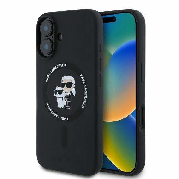 Karl Lagerfeld Silicone Karl&Choupette Heads Ring MagSafe iPhone 16 Case - Blackeng