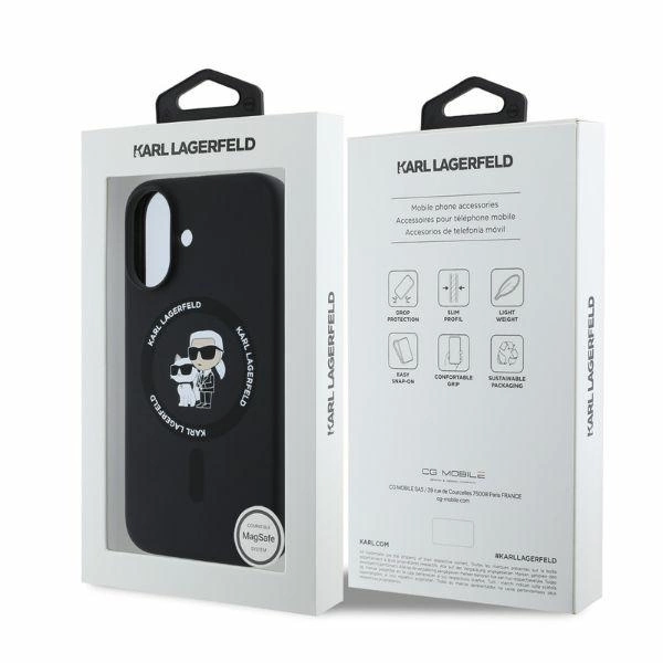 Karl Lagerfeld Silicone Karl&Choupette Heads Ring MagSafe iPhone 16 Case - Blackeng