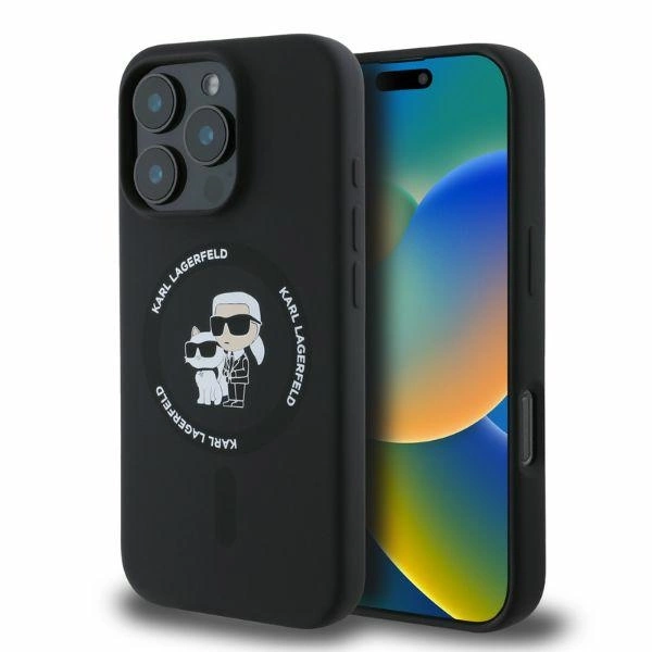 Karl Lagerfeld Silicone Karl&Choupette Heads Ring MagSafe Case for iPhone 16 Pro Max - Blackeng