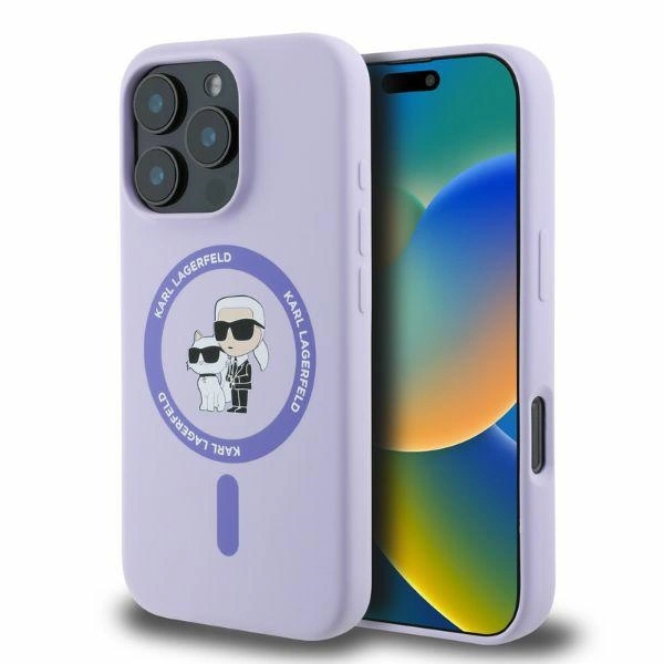Karl Lagerfeld Silicone Karl&Choupette Heads Ring MagSafe Case for iPhone 16 Pro Max - Purpleeng
