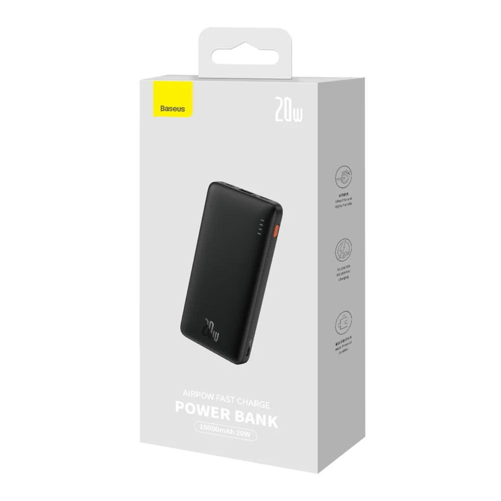 Baseus Airpow 20W 10000mAh Power Bank with Baseus Simple Series USB-A - USB-C 30cm Cable - Blackeng