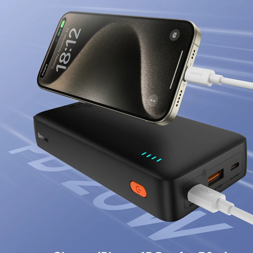 Baseus Airpow 20W 20000mAh Power Bank with Baseus Simple Series USB-A - USB-C 50cm Cable - Blackeng