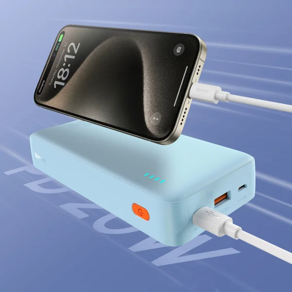 Baseus Airpow 20W 20000mAh Power Bank with White Baseus Simple Series USB-A - USB-C 50cm Cable - Blueeng