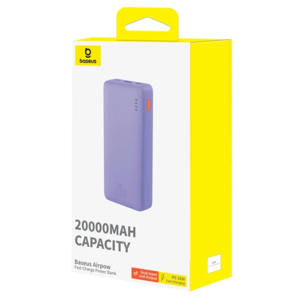 Baseus Airpow 20W 20000mAh Power Bank with Baseus Simple Series USB-A - USB-C 50cm Cable - Purpleeng