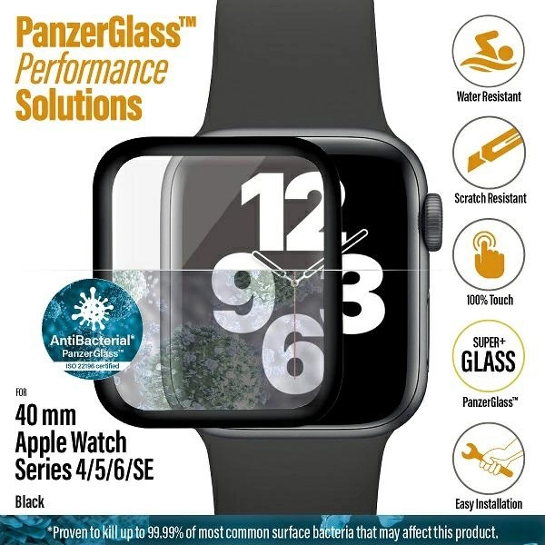 176356_3 PanzerGlass Curved Antibacterial Tempered Glass for Apple Watch 4/5/6/SE - 40mm - Blackeng