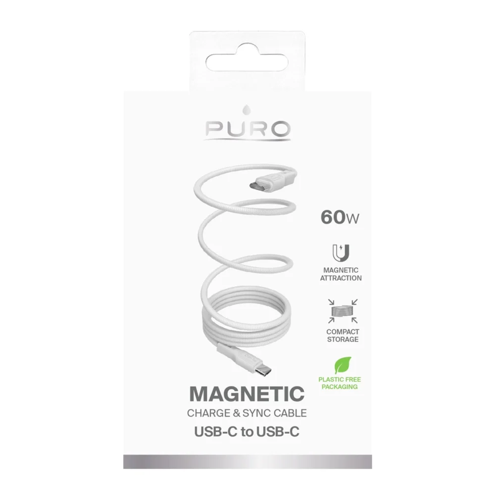Puro Magnetic USB-C - USB-C 60W USB 3.2 (20 Gbps) 1m Magnetic Cable - Whiteeng
