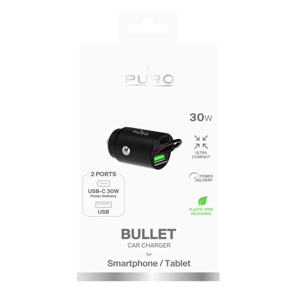 Puro Mini 30W Power Delivery USB-C USB-A Car Charger - Blackeng
