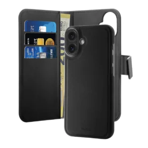 Puro Wallet Detachable MagSafe 2in1 PU Leather Case with Flap and Wallet for iPhone 16 Plus - Blackeng
