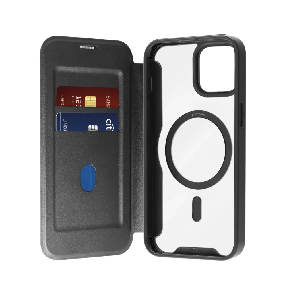 Puro Book Mag MagSafe Leather Case with Flap and Card Slot for iPhone 16 - Blackeng