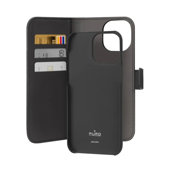 Puro Wallet Detachable MagSafe 2in1 PU Leather Case with Flap and Wallet for iPhone 15 Pro - Blackeng