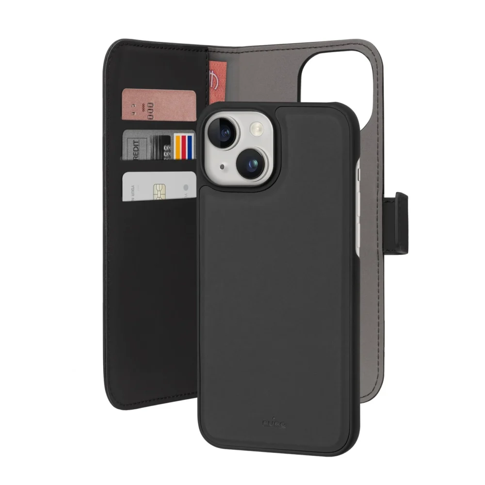Puro Wallet Detachable MagSafe 2in1 PU Leather Case with Flap and Wallet for iPhone 15 - Blackeng