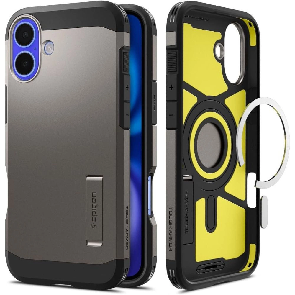 Spigen Tough Armor MagSafe case with stand for iPhone 16 - gunmetaleng