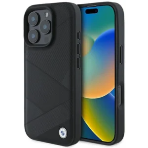 BMW Signature Leather Crossing Lines Pattern iPhone 16 Pro Case - Blackeng