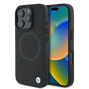 BMW Signature Leather Half Textured & Circle MagSafe case for iPhone 16 Pro - blackeng