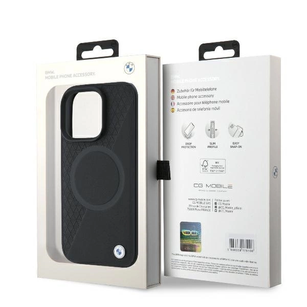 BMW Signature Leather Half Textured & Circle MagSafe case for iPhone 16 Pro - blackeng