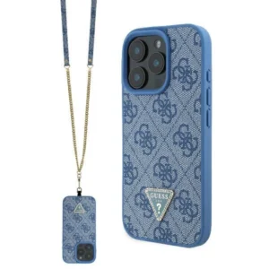 Guess Leather Metal Logo Strass Crossbody Case for iPhone 16 Pro - Blueeng