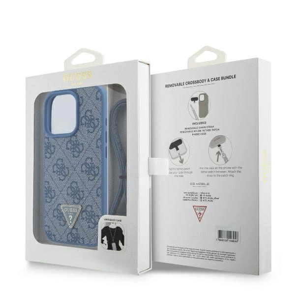 Guess Leather Metal Logo Strass Crossbody Case for iPhone 16 Pro - Blueeng
