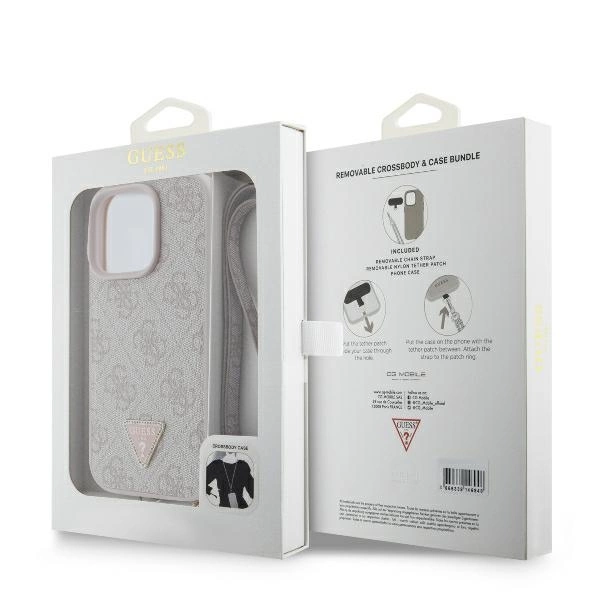 Guess Leather Metal Logo Strass Crossbody Case for iPhone 16 Pro - Pinkeng