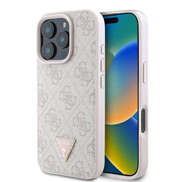 Guess Leather 4G Triangle Strass MagSafe Case for iPhone 16 Pro Max - Pinkeng