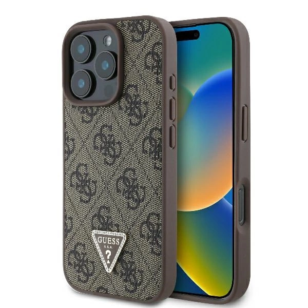 Guess Leather 4G Triangle Strass MagSafe Case for iPhone 16 Pro Max - Browneng