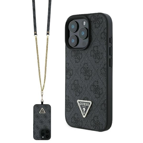 Guess Leather Metal Logo Strass Crossbody Case for iPhone 16 Pro Max - Blackeng