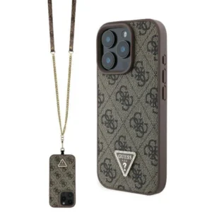 Guess Leather Metal Logo Strass Crossbody Case for iPhone 16 Pro Max - Browneng