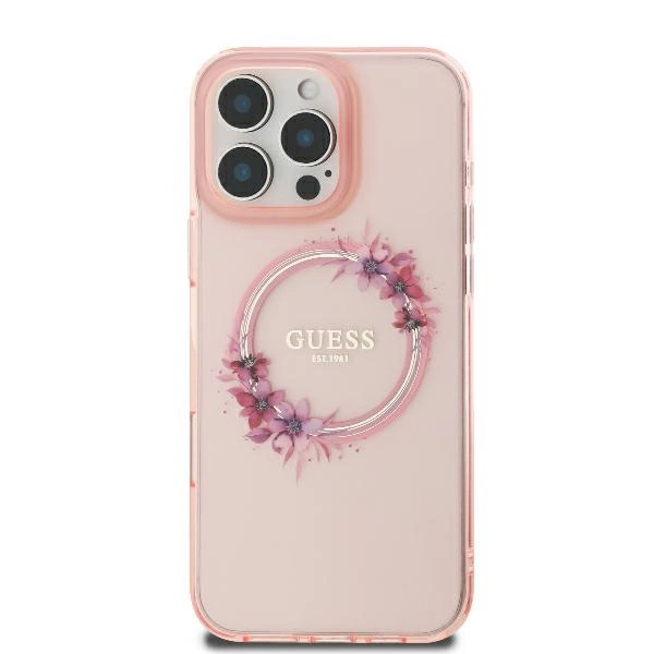 Guess IML Flowers Wreath MagSafe iPhone 16 Pro Case - Pinkeng