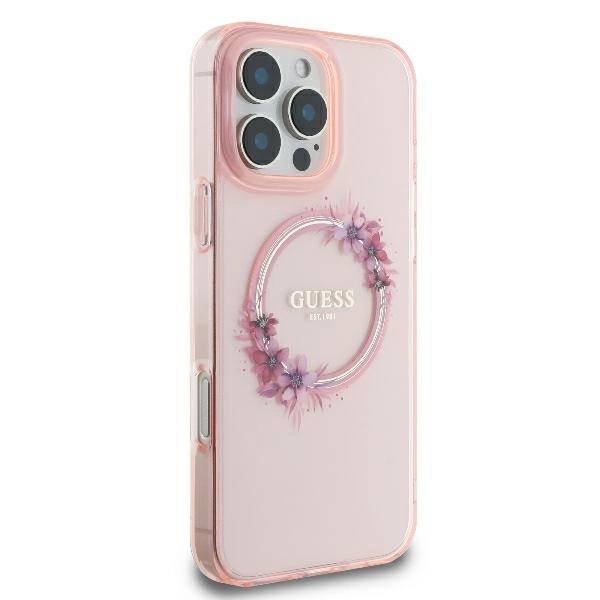 Guess IML Flowers Wreath MagSafe iPhone 16 Pro Case - Pinkeng