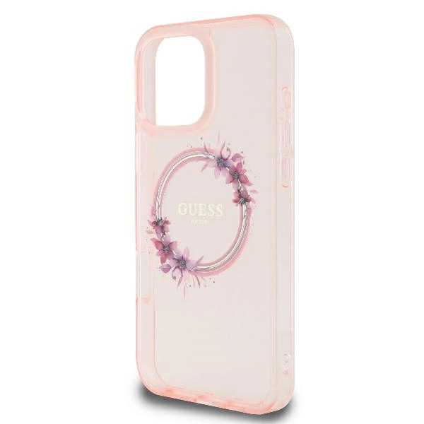 Guess IML Flowers Wreath MagSafe iPhone 16 Pro Case - Pinkeng