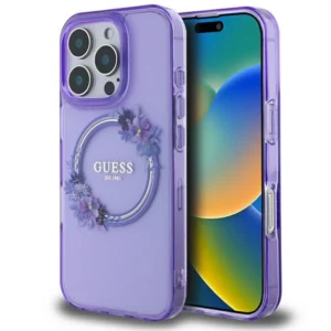 Guess IML Flowers Wreath MagSafe iPhone 16 Pro Case - Purpleeng