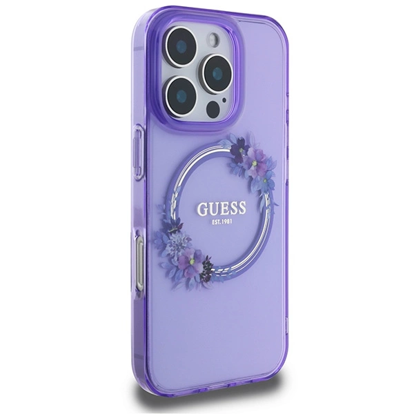 Guess IML Flowers Wreath MagSafe iPhone 16 Pro Case - Purpleeng