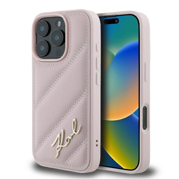 Karl Lagerfeld Quilted Signature iPhone 16 Pro Case - Pinkeng