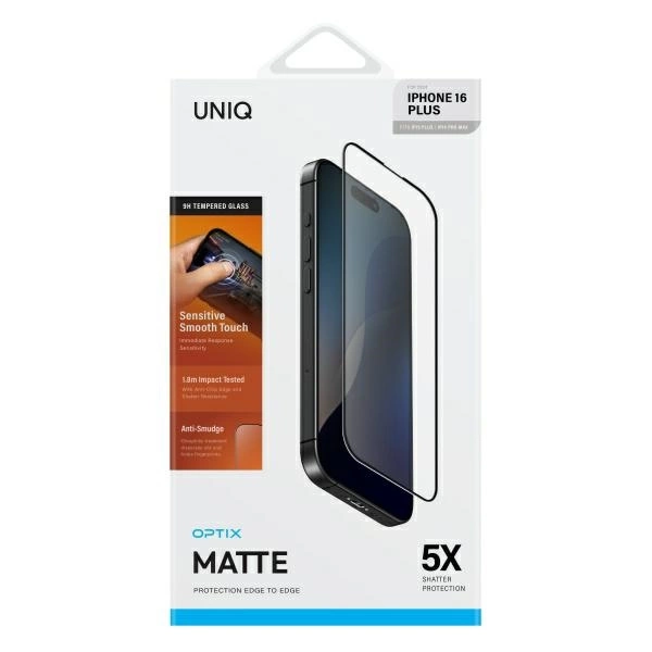 Uniq Optix Matte tempered glass with applicator for iPhone 16 Pluseng